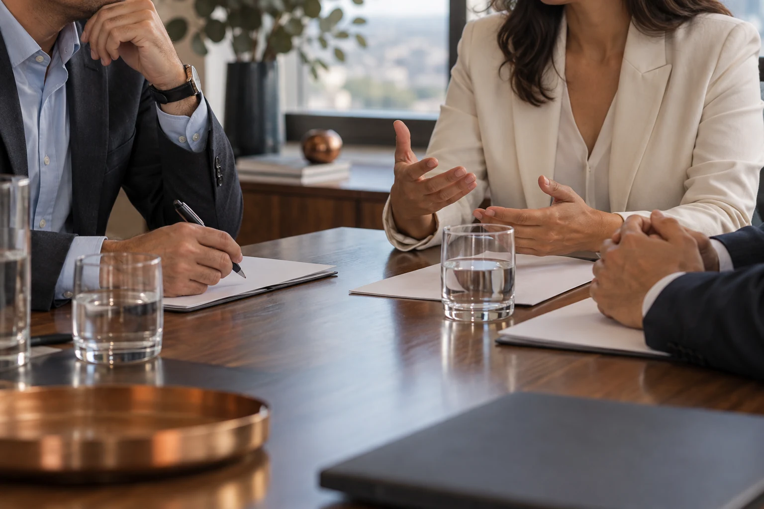 Escena ilustrativa de una conversación de trabajo alrededor de una mesa